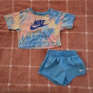 Nike Tie-Dye Crop Top and Blue Shorts Set